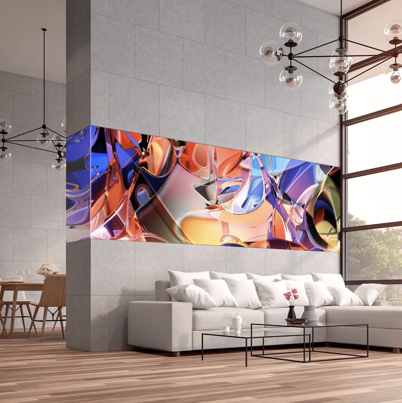 Digital art in lobby on LED display in hotel lobby